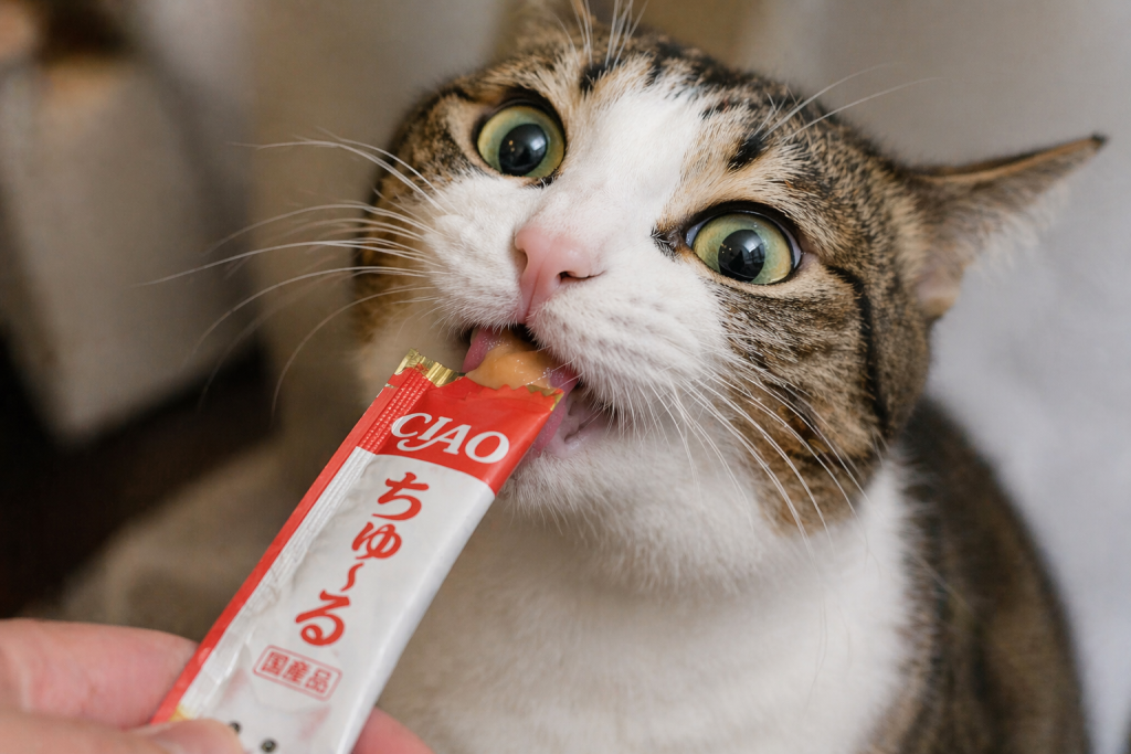 cat licking churu treat